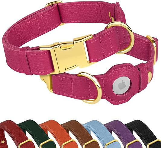Leather Airtag Dog Collar - Soft Tracking Dog Collar with Apple AirTag Holder and Metal Buckle - Safety GPS Pet Collars for Small Medium Large Dogs Puppy Pink Red (Pink, XL, 20"-25" Neck Fit)