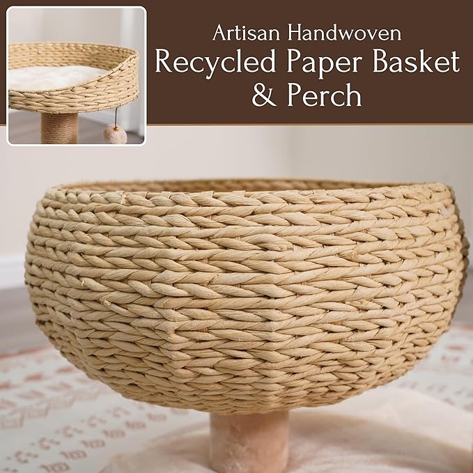 PetPals 3 Level Handwoven Paper Rope Cat Basket Bed and Perch with Scratching Post, Washable, Removeable Curshions, Playful Toy, for Indoor Cat, Light Brown