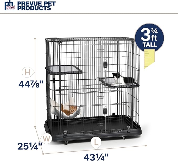 Prevue Pet Products Deluxe Cat Home - Cat Cage Home with 3 Levels, Spacious Indoor Pen, Includes Hammock, Durable & Easy to Clean Kennel, with Rolling Wheel Casters - Black