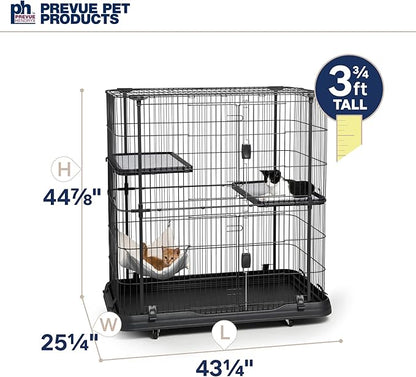 Prevue Pet Products Deluxe Cat Home - Cat Cage Home with 3 Levels, Spacious Indoor Pen, Includes Hammock, Durable & Easy to Clean Kennel, with Rolling Wheel Casters - Black