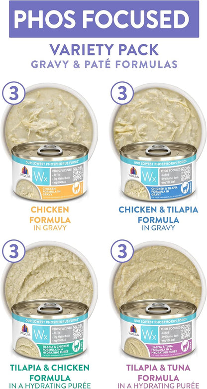 Weruva Wx Phos Focused, Pate & Gravy Formulas Variety Pack, 3oz Can (Pack of 12)