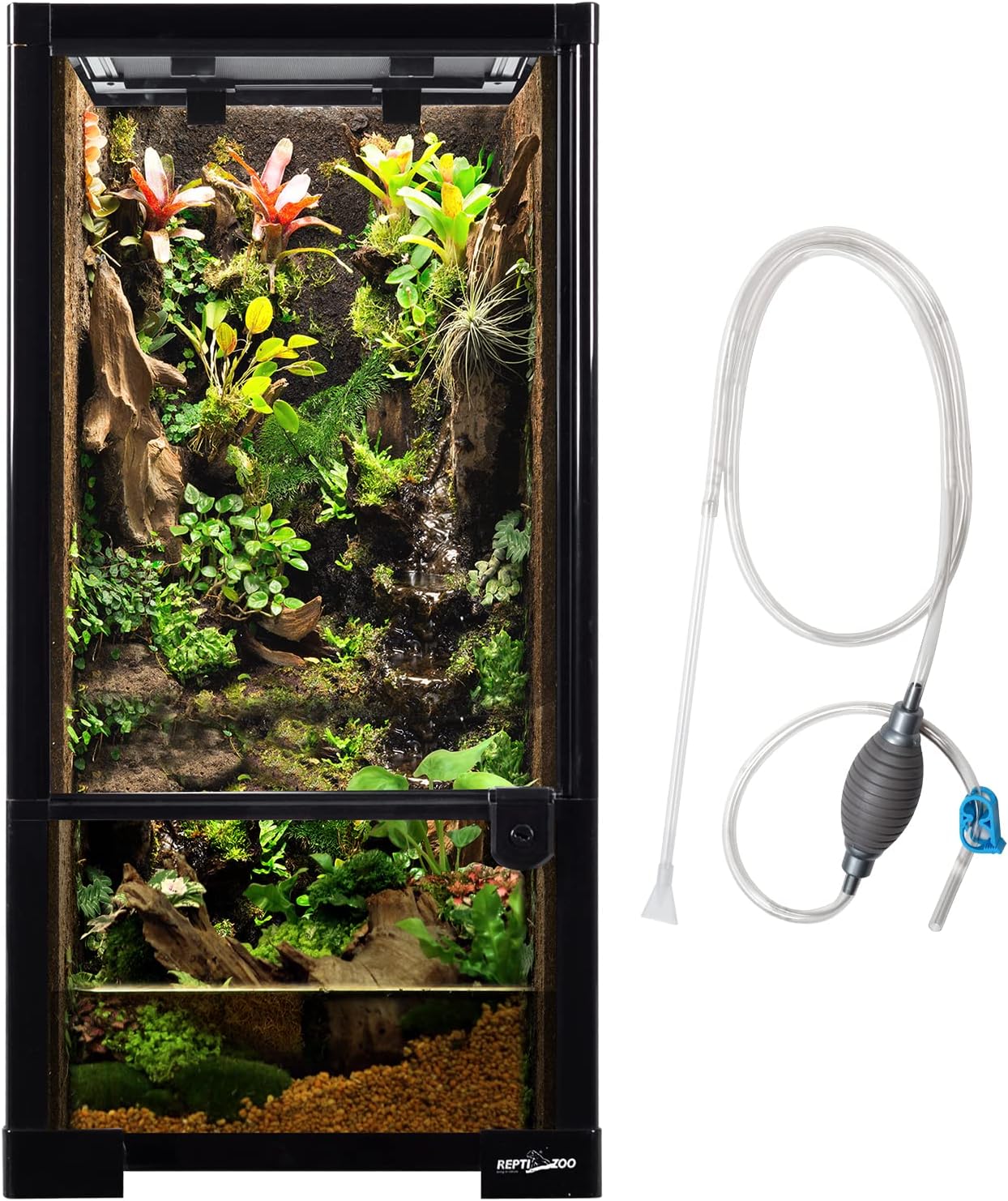 REPTIZOO 15 Gallon Full Glass Reptile Terrarium 12" x 12" x 24" Knock-Down Glass Tank and Siphon Gravel Cleaner Set, Small Habitat for Reptile Chameleon, Tree Frogs, Arboreal Geckos,Lizard - Pawvie