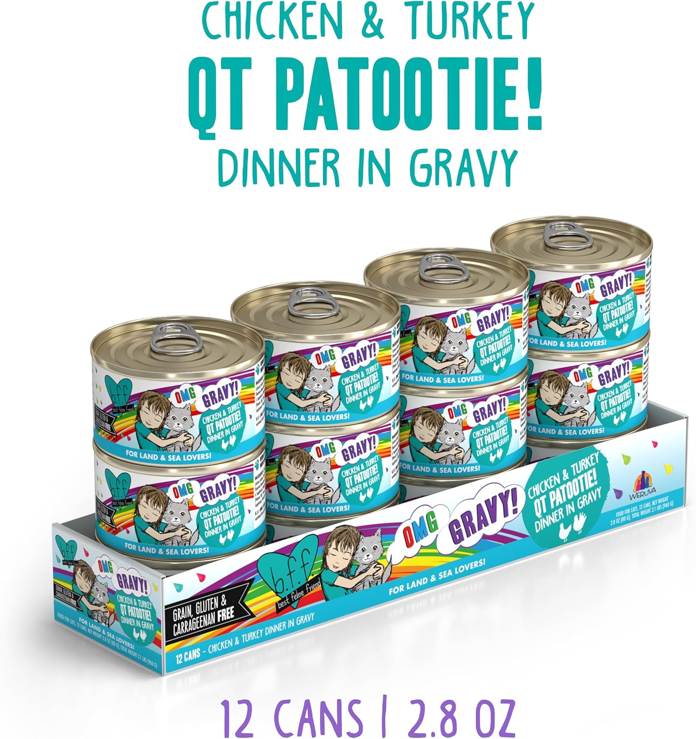 Weruva B.F.F. OMG - Best Feline Friend Oh My Gravy! Grain-Free Wet Cat Food Cans, QT Patootie! Chicken & Turkey, 2.8 oz Can (Pack of 12)
