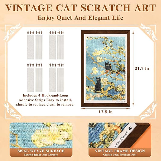 Wall Art Cat Scratcher Sisal Mat, No-Drill Wall Mounted Cat Scratch Pad with Frame, 13.8 x 21.7 Inch Cat Wall Scratchers for Indoor Cats(Almond Blossom)