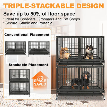 Homey Pet 43 inch Dog Crate Stackable Heavy Duty Dog Kennel Indoor Dog Grooming Cage with Detachable Divider, Removable Tray, Wheels, Feeding Bowls (2 Tiers)