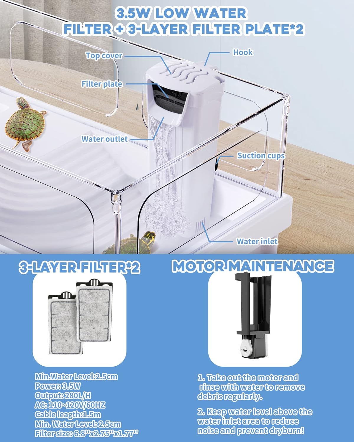 Small Turtle Tank Kit(Tank+Light+Filter), Acrylic Turtle Tank Starter Kit with Bask Platform, Bottom Drain, Multi-Function Area for Small Reptiles.(White) - Pawvie