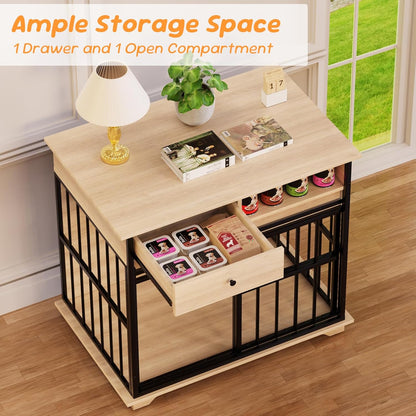 35.5" Dog Crate Furniture, Wooden Dog Crate Furniture for Medium Small Dogs, Wooden Dog Kennel End Table with Drawer and Open Shelves, Sliding Door Dog Kennel Furniture
