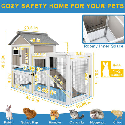 48" L Rabbit Hutch Outdoor Indoor Bunny Hutch Weatherproof, 2-Story Wood Rabbit Cage with Deep Tray, Chew-Resistant Ramp, UV Roof, Bunny House for Small Animal, Expandable Guinea Pig Cage
