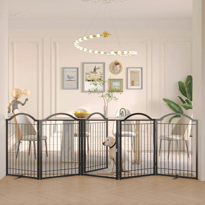 BHG Metal No-Assembly Freestanding Dog Gate with Door Walk Through, Extra Wide 120", Extra Tall 32" Pet Gate, Accordion Puppy Folding Playpen Dog Fence, with 2PCS Support (Black, 5 Panels)