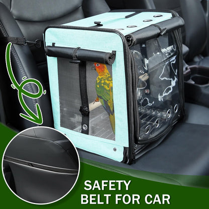 Suertree Bird Carrier with Seat Belt for Car Travel, Bird Backpack Carrier with Indestructible Stainless Steel Mesh, Large Bird Carrier Travel Cage, Green