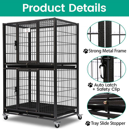 Two-Tier 30 Inch Small Dog Crate, Heavy Duty Drop Dog Cage for Small Dogs Kennels Indoor with Auto-Locks, Removable Trays, Metal Floor Grids and 360° Lockable Wheels