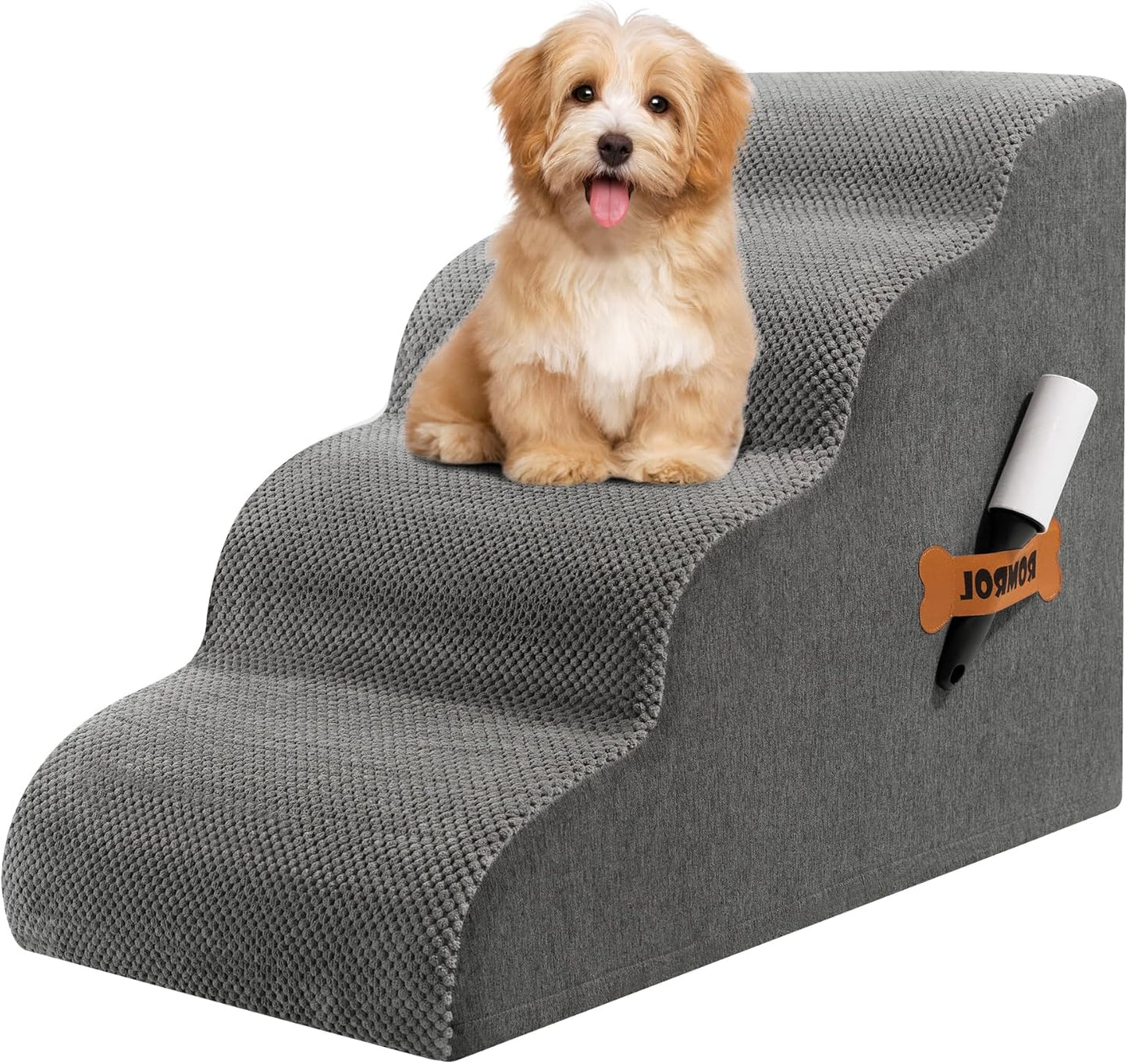Romrol Dog Stairs Ramp for High Beds Couches, 33D High Density Foam Pet Steps with Durable Non-Slip Waterproof Fabric Cover, Dog Stairs for Small Dogs or Cats or Pets, 4-Step,Grey - Pawvie