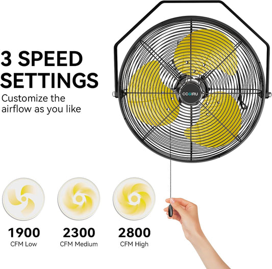 2800 CFM 12" Industrial Wall Mount Fan with 2 Pack, High Velocity 3-Speed Metal Wall Mounted Fan with powerful Motor Covered Patio, Greenhouse, Gazebo, UL Listed