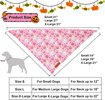 ADOGGYGO Halloween Dog Bandana, Pink Pumpkin Ghost Scarf, Adjustable Fit Female Halloween Bandanas for Medium Large Dogs Pets (Large)