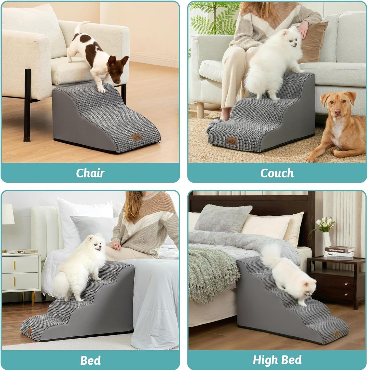 Dog Stairs for High Bed 22.6" H, Small Dog Step for Puppy, Older or Cat, Curved Ramp for Car, Ladder with High Density Foam, Lightweight, Durable, 15.7x33x22.6 inch, 5 Step, Light Grey - Pawvie