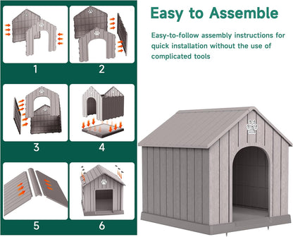 Vixzen Large Outdoor Dog House,Durable Water Resistant Resin Dog House,Doghouse for Small to Large Dogs Indoor or Outside,with Openable Windows and Elevated Floor,Gray