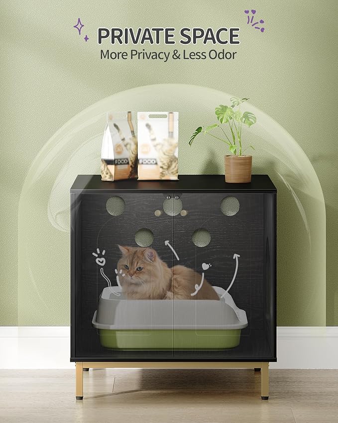 Cat Litter Box Enclosure, Hidden Litter Box Furniture Cabinet, Wooden Indoor Cat House, Side End Table, Living Room, Bedroom, Black and Gold CB81204G