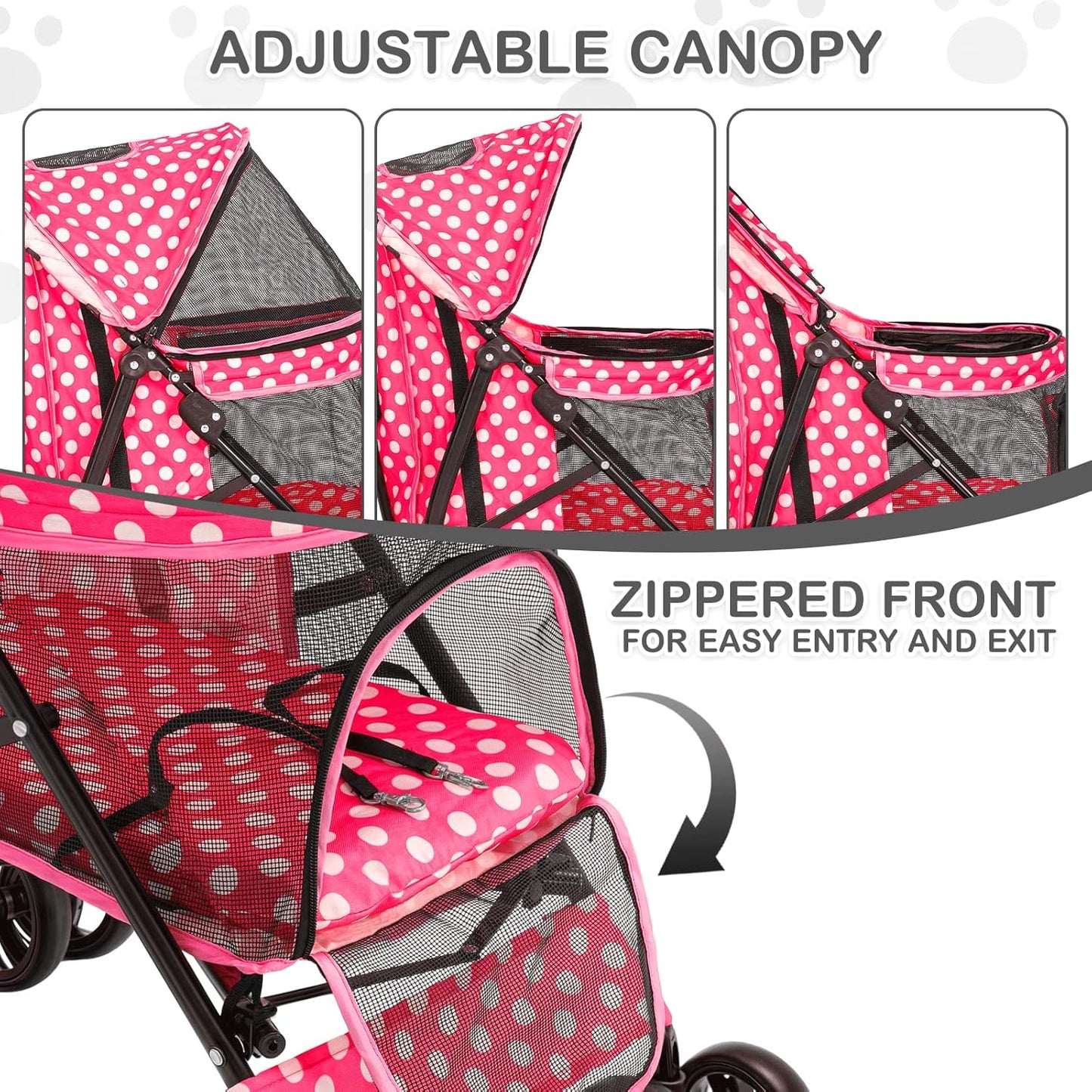 MoNiBloom 4 Wheels Pet Stroller, Easy-Fold Umbrella Shaped Dog Cat Jogger Stroller w/Storage Bag & Visible Mesh for Small/Medium Dogs Cats Hot Pink Polka Dots - Pawvie