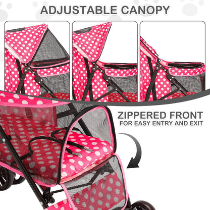 MoNiBloom 4 Wheels Pet Stroller, Easy-Fold Umbrella Shaped Dog Cat Jogger Stroller w/Storage Bag & Visible Mesh for Small/Medium Dogs Cats Hot Pink Polka Dots - Pawvie