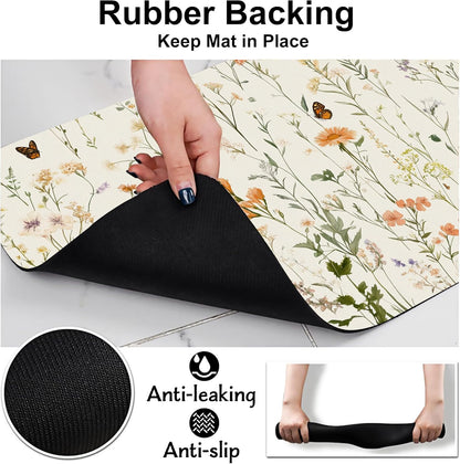 Vintage Wildflowers Herbs Pet Feeding Mat for Floors-Absorbent Dog Bowl Mat for Food and Water, Quick Dry Pet Cat Feeding Mats with Non Slip Bottom, Mess-Free Dog Accessories 16"x24"