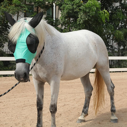 Horse Fly Mask with Ears - Large Eye Space for Full Vision, Breathable Stretch Comfort Fit, UV Protection, Forelock Opening, Easy Pull-On Green Cob