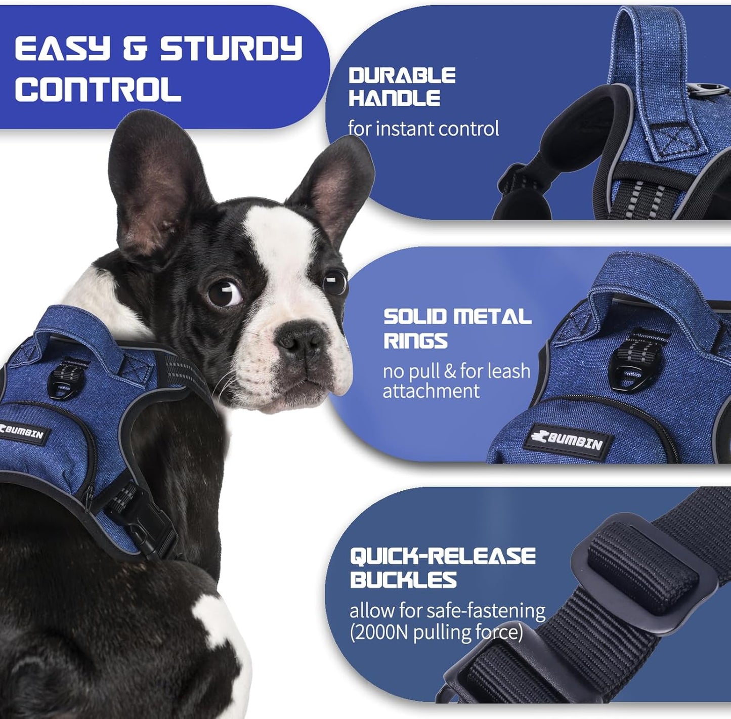 BUMBIN Dog Harness for Large Dogs, No Pull Adjustable No Choke Pet Vest with Dog Leash Fit Smart Reflective Pet Walking Harness for Training Easy Control Soft Handle Denim Blue L