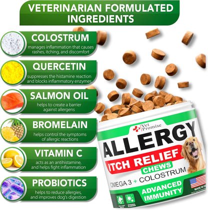 Dog Allergy Relief Chews - 170 Dog Allergy Chews - Itch Relief for Dogs - Anti Itch for Dogs - Dry & Itchy Skin - Allergies & Immune Support Supplement, Omega 3 Fish Oil, Colostrum - Made in USA