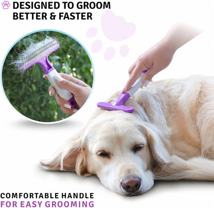 POODLIE Poodle Pet Dog Grooming Rake| Dematting Tool with Stainless Steel Shedding Comb for Pets | 2 Rows of Pins Gently Remove Loose or Tangled Hair from Undercoat | Purple Handle