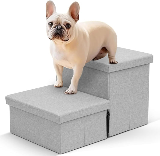 Heeyoo Dog Stairs with Storage, Foldable Dog Steps for Small Dogs, 2 Tiers Non-Slip Pet Stairs for High Beds Or Couch and Sofa, Hold up to 150 lbs Pet Doggy Cat