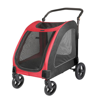 Large Dog Travel Stroller with 4 Heavy Duty Wheels Pet Stroller with Adjustable Handle - Double Doggie Capacity Jogger Wagon with Back Front Door for Small Medium Large Dogs (Red-Black) - Pawvie