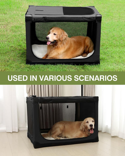 36-Inch Collapsible Travel Dog Crate, Portable 4-Door Soft Kennel for Medium to Large Dogs, Durable Mesh Windows, Indoor/Outdoor Use, Foldable, with Storage Bag (Black)