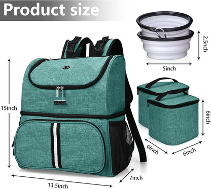 BAGLHER Pet Travel Bag, Double-Layer Pet Supplies Backpack (for All Pet Travel Supplies), Pet Travel Backpack with 2 Silicone Collapsible Bowls and 2 Food Baskets Green - Pawvie