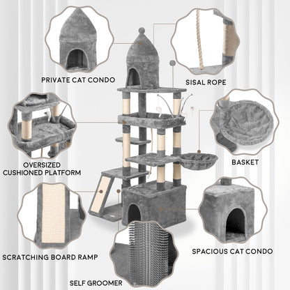 Large Cat Tree Tower for Large Cats, Cat Scratching Post, Self Grooming Post, Interactive Cat Toys, Oversized Perch and Basket, Heavy Duty 72", Light Grey