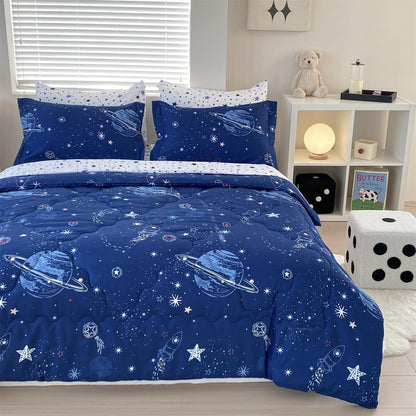 7 Piece Boys Space Comforter Set Full Size Bed in A Bag Star Rocket Galaxy Universe Planets Bedding Set for Kids Teens Girls Microfiber Blue Quilt All Season