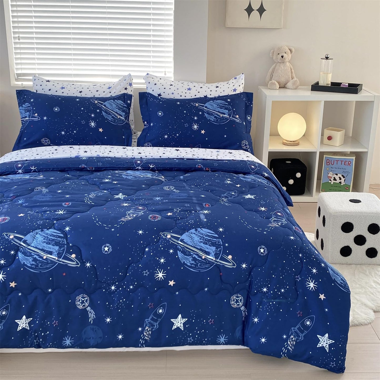 7 Piece Boys Space Comforter Set Twin Size Bed in A Bag Star Rocket Galaxy Universe Planets Bedding Set for Kids Teens Girls Microfiber Blue Quilt All Season