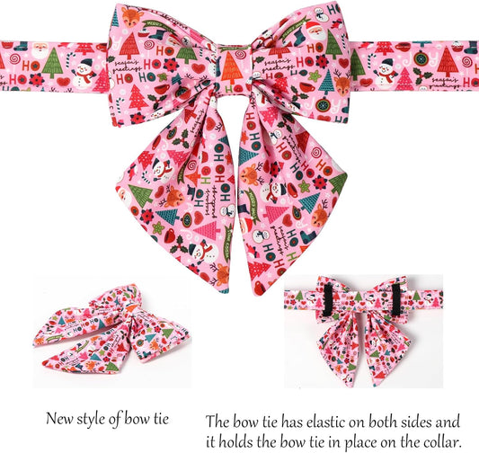 Lionet Paws Christmas Dog Collar with Sailor Bow, Cute Ho Christmas Tree Snowman Pink Dog Collar Bow Tie for Puppies and Cats, XS, Neck 8-12 inches