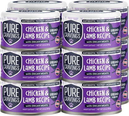 Chicken and Lamb Recipe in Broth, Shredded Wet Cat Food, Grain-Free Protein, Non-GMO, 12 Pack