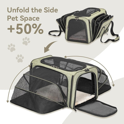 Petsfit Expandable Rabbit Carrier Bunny Carriers, 16 Inch Airline Approved Pet Carrier with 2 Extensions, Soft Washable Cushion, Self-Locking Zipper Head, Built-in Safety Rope, Fit for Travel