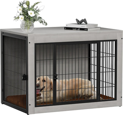 Bigrab Dog Crate Furinture with Thick Cushion, Side End Table Wooden Dog Cage with Double Doors, Chew-Resistant Dog Kennel Dog House Indoor for Small to Large Dog, L (Grey)