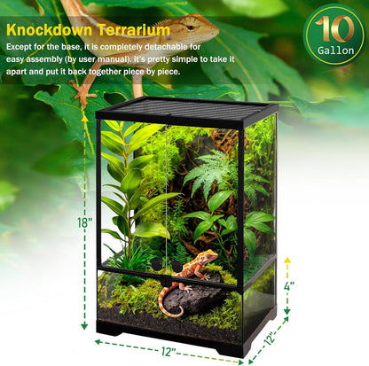 10 Gallon Professional Glass Terrarium 12"x12"x18" Durable Reptile Habitat Tank with Heat Resistant Aluminum Alloy Frame, Dual Front Swinging Doors for no Jam by Sand and Other Debris - Pawvie