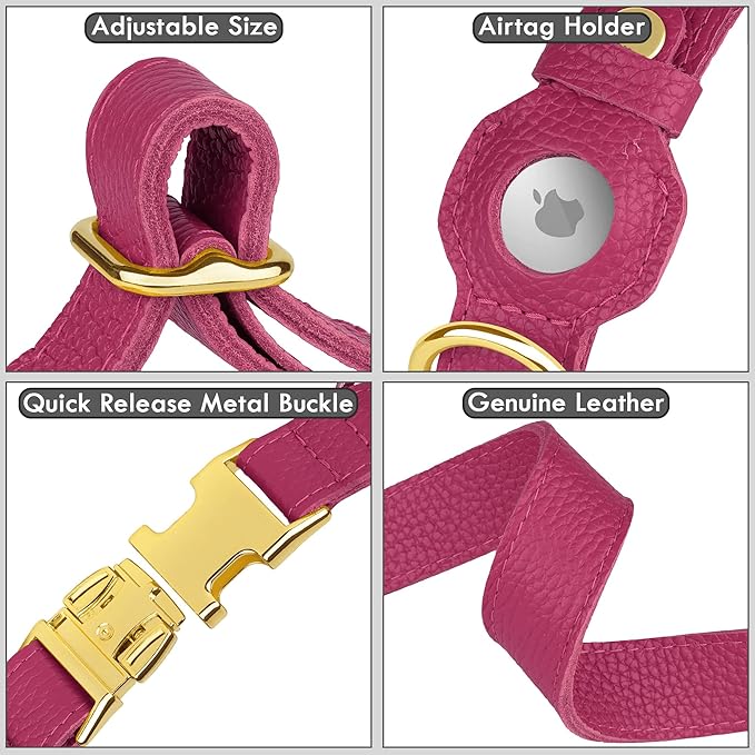 Leather Airtag Dog Collar - Soft Tracking Dog Collar with Apple AirTag Holder and Metal Buckle - Safety GPS Pet Collars for Small Medium Large Dogs Puppy Pink Red (Pink, S, 12"-15" Neck Fit)