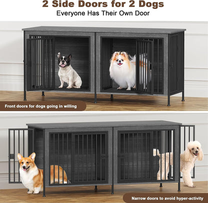 EasyCom 63" Dog Cage Furniture for 2 Pets with Divider, XL Wooden Double Dog Crate Furniture TV Stand for Mideum Breed, Durable and Sturdy