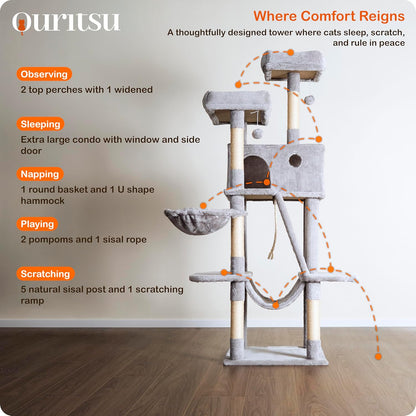 Ouritsu Cat Tree, 61 inch Tall Cat Tower for Large Cat Indoor, Enlarged Condo, 2 Padded Perches with 1 Widened, Large Hammock, Scratching Post and ramp, Fluffy Basket, Light Gray, LF002GA