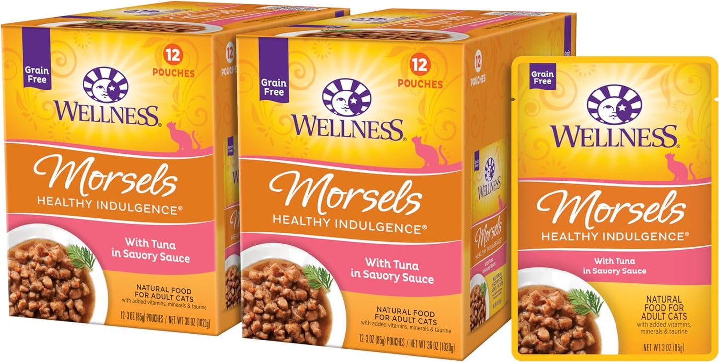Wellness Healthly Indulgence Morsels Adult Wet Cat Food, Natural, Protein-Rich, Grain Free, 3 Ounce Pouch, 24 Pack, (Tuna)