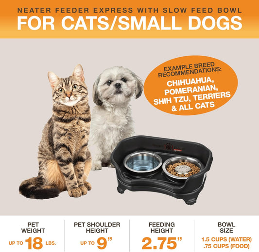 Neater Feeder Express Mess Proof Dog Bowls Elevated for Small Breed – Made in USA – No Spill Raised Slow Feeder Elevated Dog Bowl Stand, Stainless Steel Food and Water Bowl Set, Black