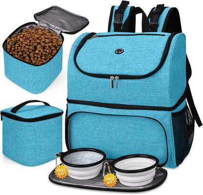 BAGLHER Pet Travel Bag, Double-Layer Pet Supplies Backpack (for All Pet Travel Supplies), Pet Travel Backpack with 2 Silicone Collapsible Bowls and 2 Food Baskets Sky Blue - Pawvie
