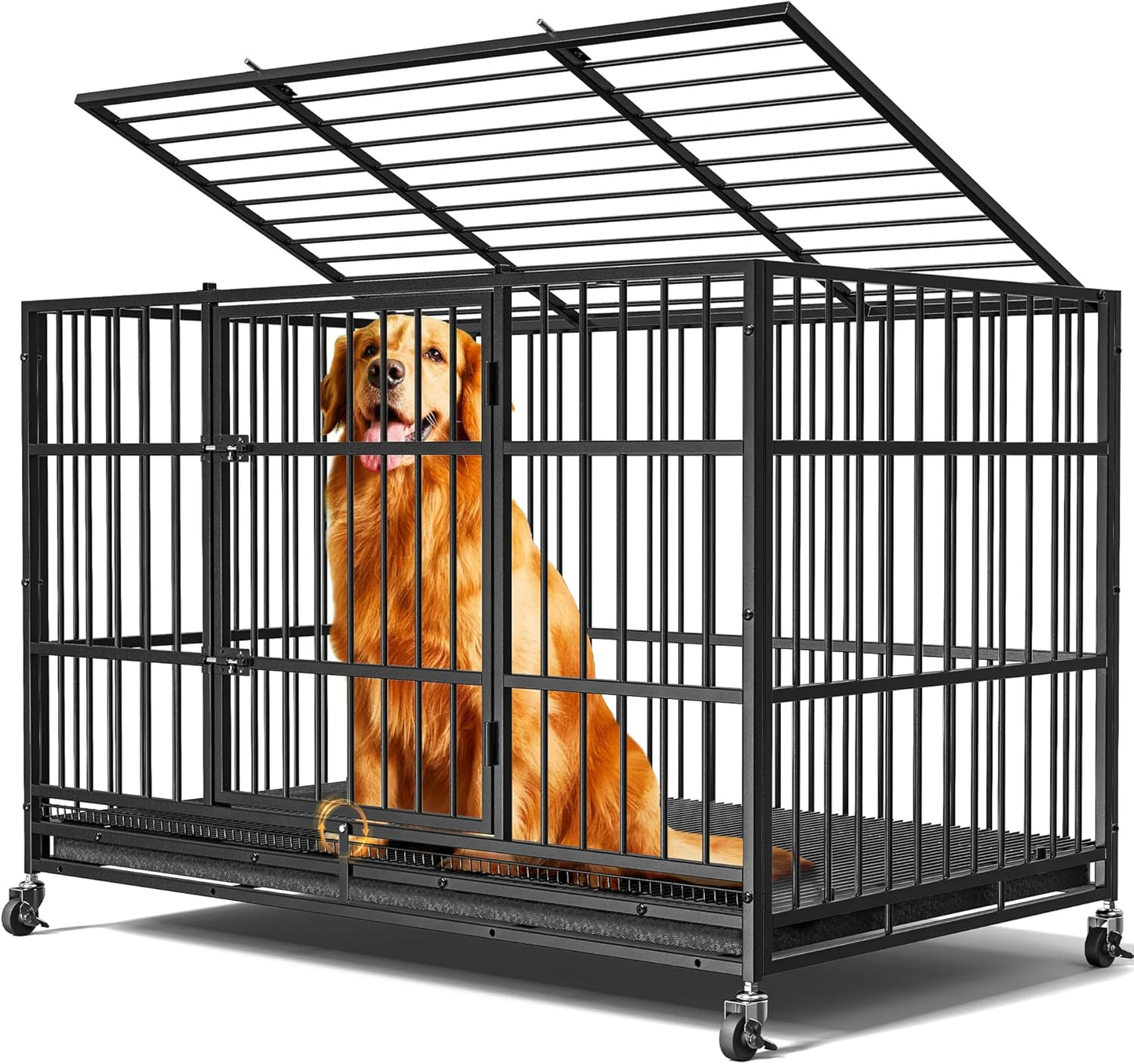 48"/38" Dog Crates for Large Dogs, Upgraded 4 Lockable Wheels, Removable Door, Dog Kennel Indoor, Max Load 300Lbs, Easy to Clean, Removable Tray, XL Dog Cage for Large and Medium Dogs