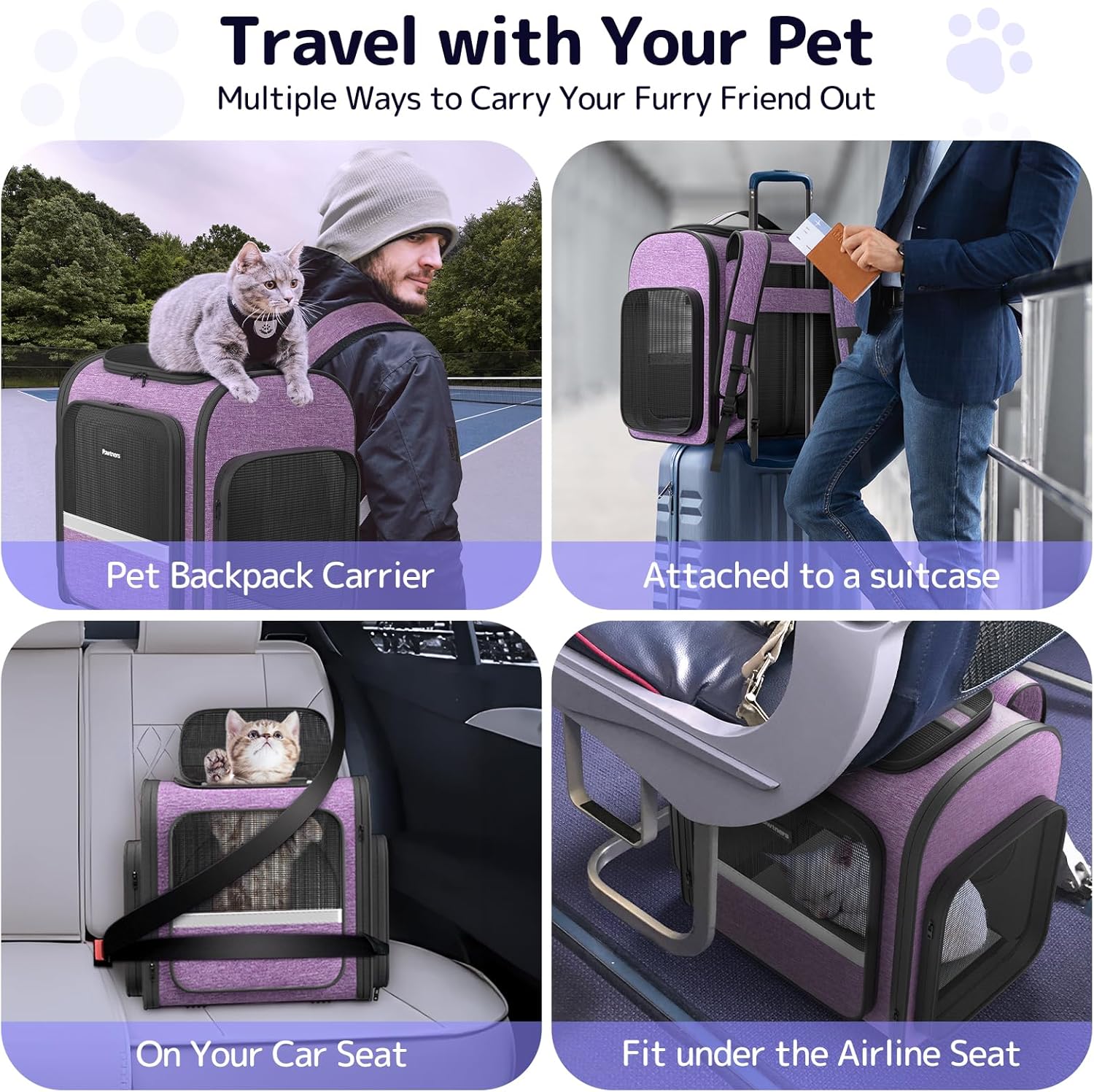 Pawtners Cat Carrier Backpacks Expandable Cat Backpack with Breathable Mesh, Pet Carrier Backpack for Cats Small Dogs Puppies Up to 18 Lbs, Dog Carrier Backpack for Travel Hiking Camping Outdoor - Pawvie