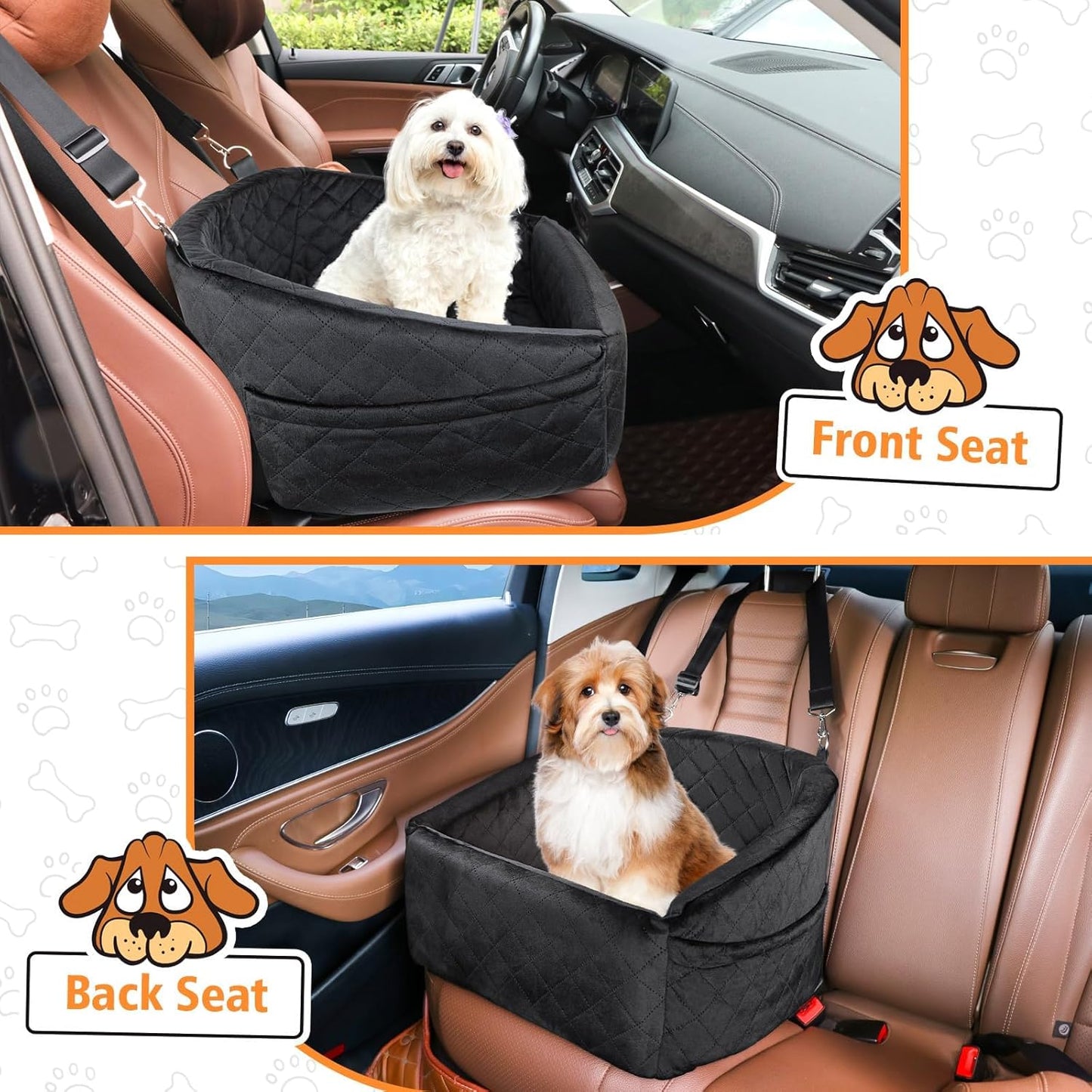 Dog Car Seat for Small Medium Dogs,Detachable Washable Dog Booster Seat Under 30lbs, Pet Car Seat Travel Bed with Storage Pockets and Dog Safety Belt (Black) - Pawvie