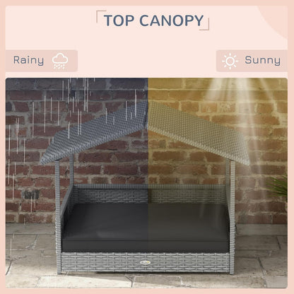 PawHut Wicker Dog House Outdoor with Canopy, Rattan Dog Bed with Water-Resistant Cushion, Raised Dog Bed for Small, Medium Dogs up to 66 lbs, 19.75" in Length, Silver Wicker, Gray Cushion